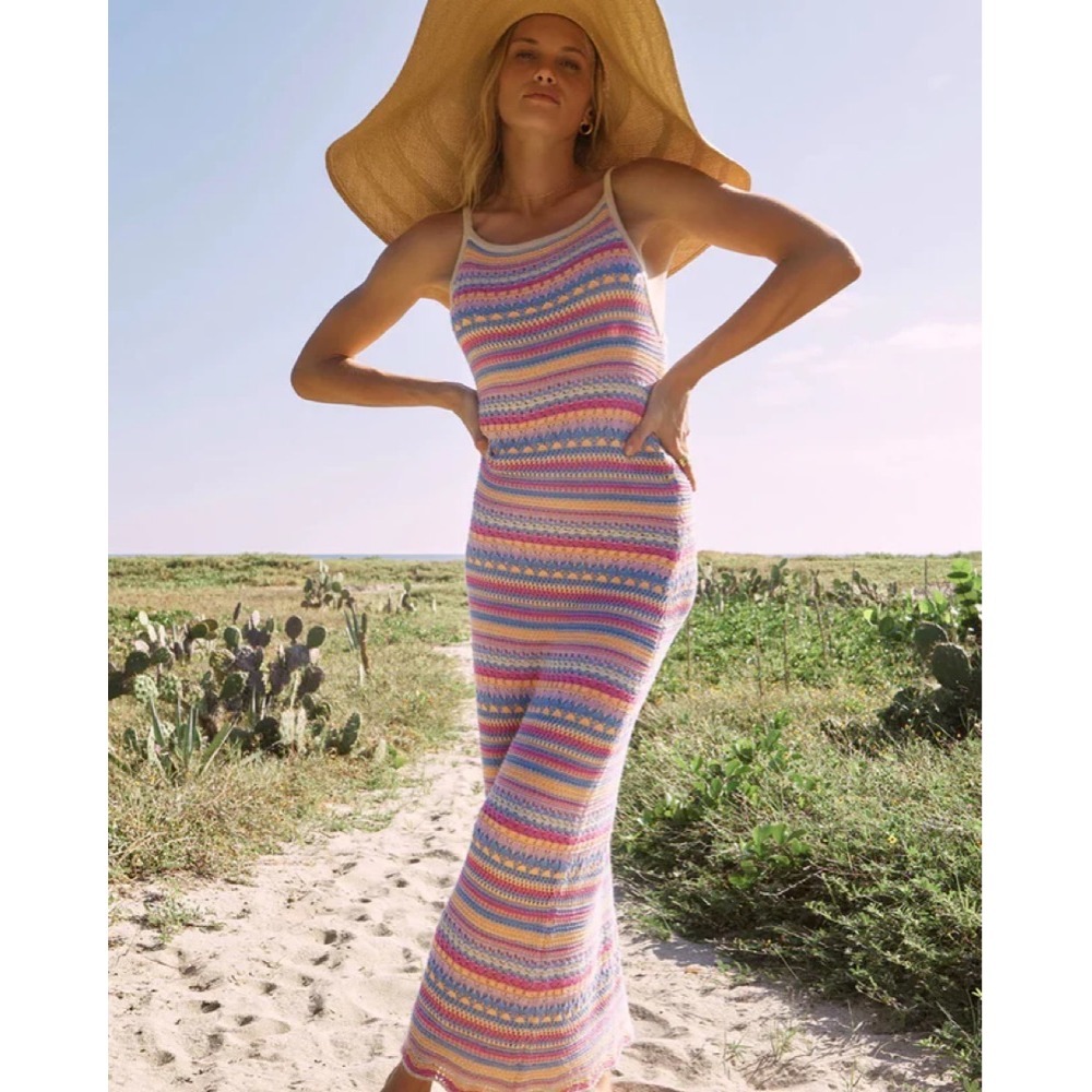 Z Supply Santa Cruz Crochet Midi Dress Multi Color Stripe Knit Cotton Women's M